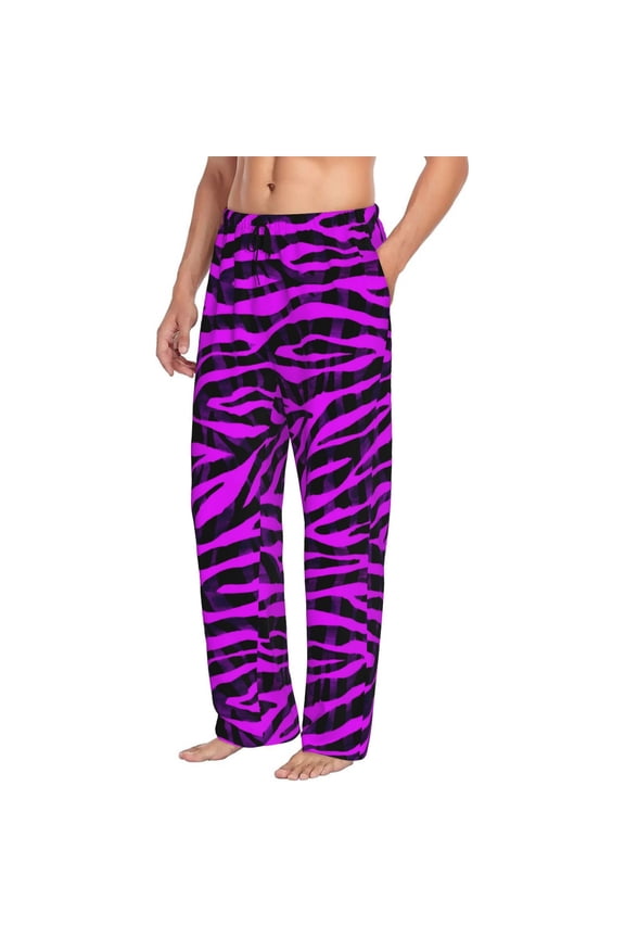 Mens Pajama Pants Bottoms with Pockets - Black purple zebra print Comfy Mens Pj Pants, Soft Men Lounge Pants