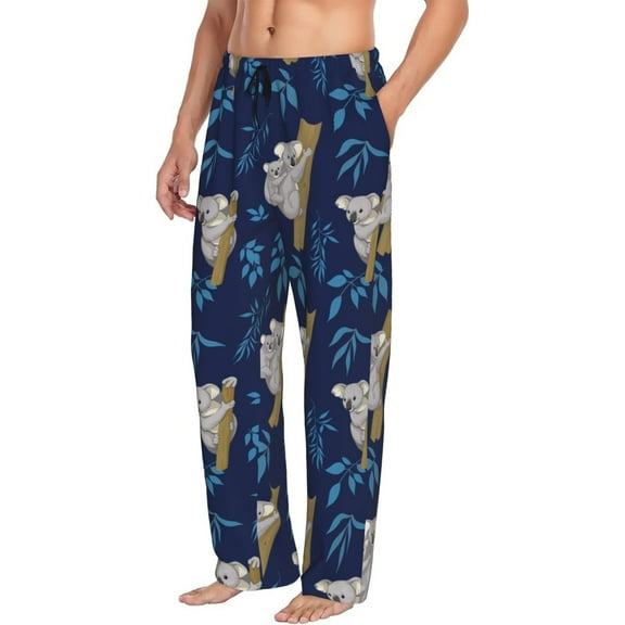 Mens Pajama Pants Bottoms with Pockets - Blue Leaf Gray Koala Print Comfy Mens Pj Pants, Soft Men Lounge Pants