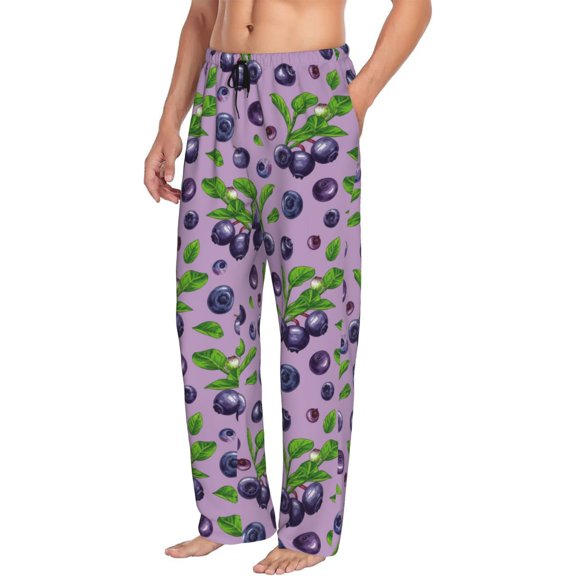 Mens Pajama Pants Bottoms with Pockets - Blueberry Print purple Comfy Mens Pj Pants, Soft Men Lounge Pants