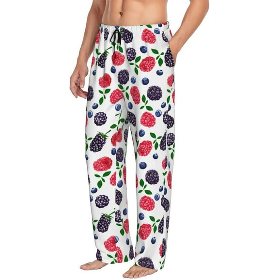 Mens Pajama Pants Bottoms with Pockets - Blueberry berries Print Comfy Mens Pj Pants, Soft Men Lounge Pants