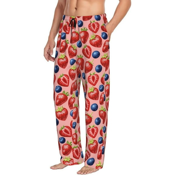 Mens Pajama Pants Bottoms with Pockets - Blueberry strawberry Print Comfy Mens Pj Pants, Soft Men Lounge Pants