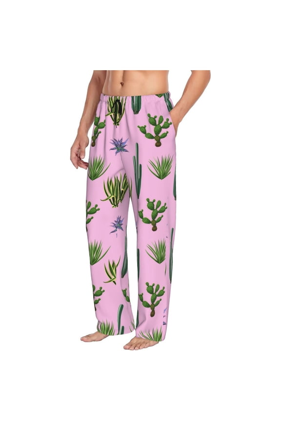Mens Pajama Pants Bottoms with Pockets - Cactus aloe vera Comfy Mens Pj Pants, Soft Men Lounge Pants