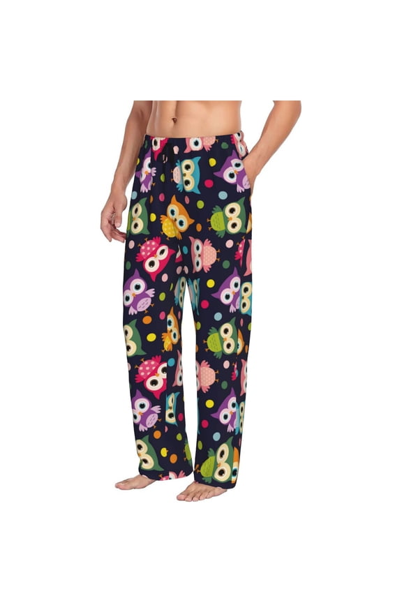 Mens Pajama Pants Bottoms with Pockets - Cartoon Cute Colorful Owls Comfy Mens Pj Pants, Soft Men Lounge Pants