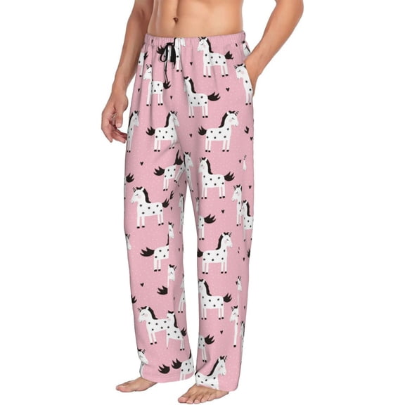 Mens Pajama Pants Bottoms with Pockets - Cartoon Cute Horse Pink Comfy Mens Pj Pants, Soft Men Lounge Pants