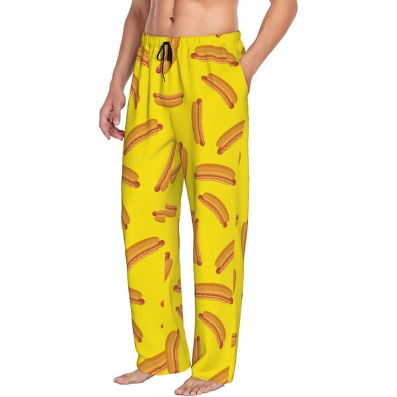 Mens Pajama Pants Bottoms with Pockets - Cartoon Hot Dog Print Yellow Comfy Mens Pj Pants, Soft Men Lounge Pants