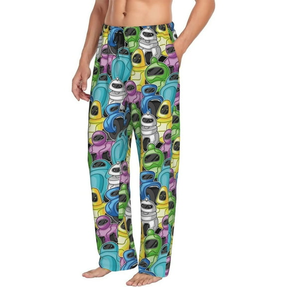 Mens Pajama Pants Bottoms with Pockets - Color robot Comfy Mens Pj Pants, Soft Men Lounge Pants