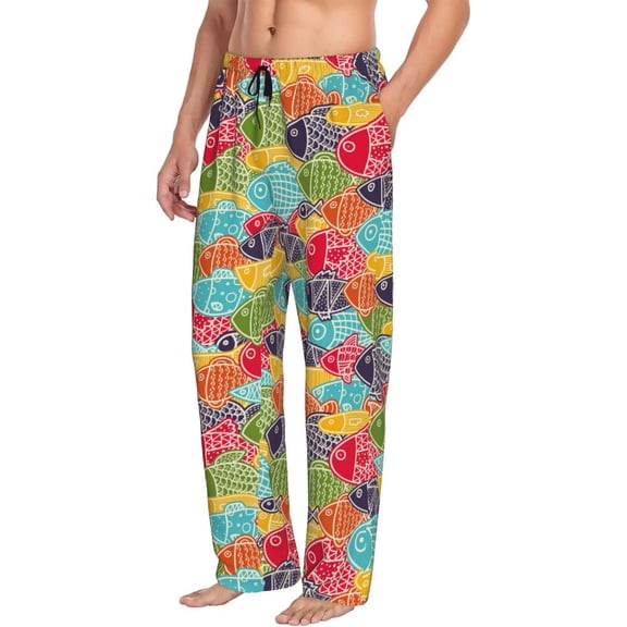 Mens Pajama Pants Bottoms with Pockets - Colorful Fish 2 Comfy Mens Pj Pants, Soft Men Lounge Pants