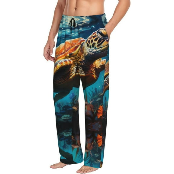 Mens Pajama Pants Bottoms with Pockets - Colorful Flower Sea Turtle Comfy Mens Pj Pants, Soft Men Lounge Pants