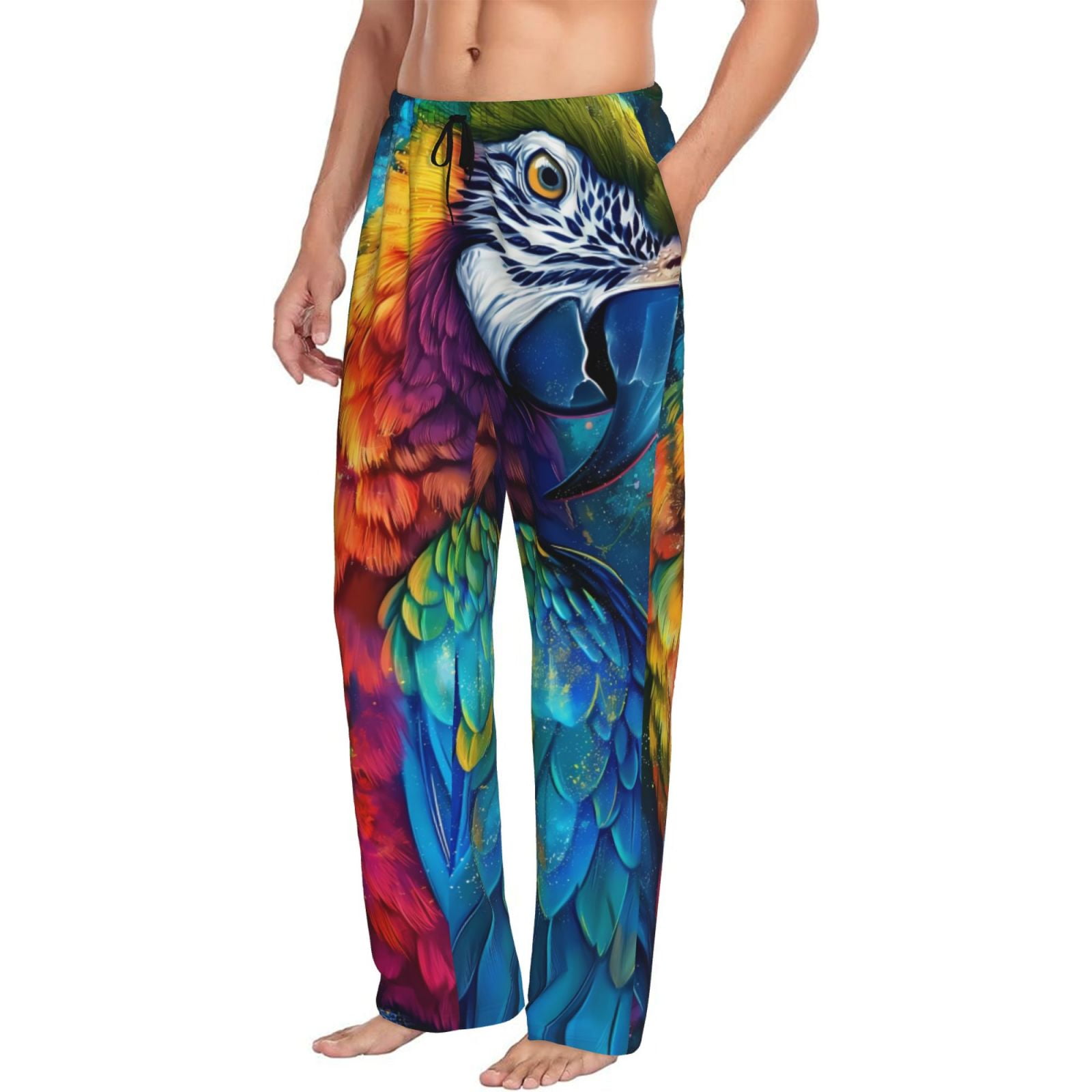 Mens Pajama Pants Bottoms with Pockets, Colorful Parrot Jungle Dream