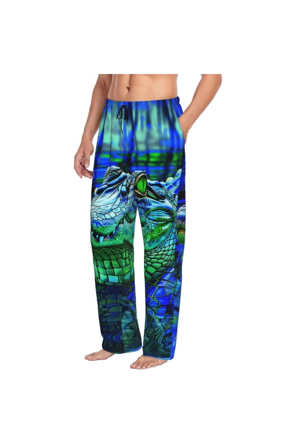 Mens Pajama Pants Bottoms with Pockets - Colorful Stained Glass Crocodile Comfy Mens Pj Pants, Soft Men Lounge Pants