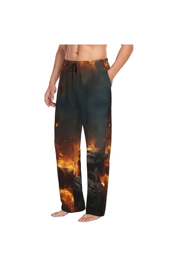 Mens Pajama Pants Bottoms with Pockets - Cool Fire Man Comfy Mens Pj Pants, Soft Men Lounge Pants