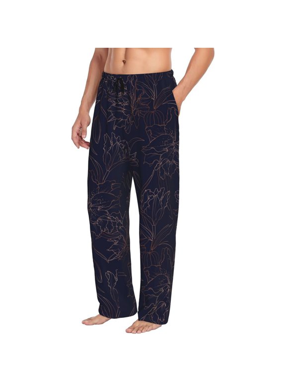Mens Pajama Pants Bottoms with Pockets - Copper-Gold Gloss Outline Flower1 Comfy Mens Pj Pants, Soft Men Lounge Pants
