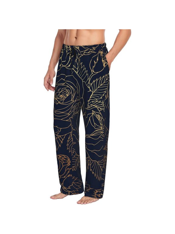 Mens Pajama Pants Bottoms with Pockets - Copper-Gold Gloss Outline Rose Comfy Mens Pj Pants, Soft Men Lounge Pants