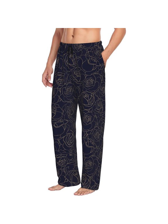 Mens Pajama Pants Bottoms with Pockets - Copper-Gold Gloss Outline Rose1 Comfy Mens Pj Pants, Soft Men Lounge Pants