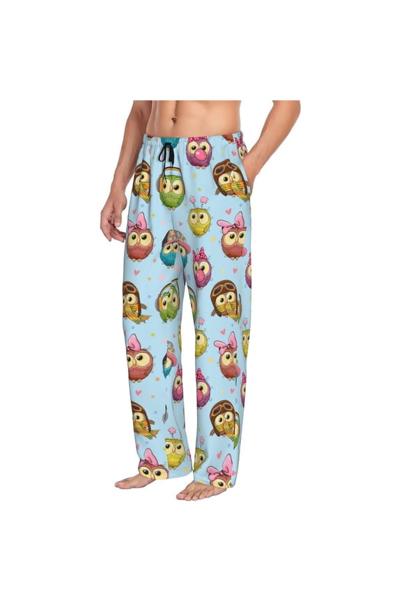 Mens Pajama Pants Bottoms with Pockets - Cute Cartoon Colorful Owls Comfy Mens Pj Pants, Soft Men Lounge Pants