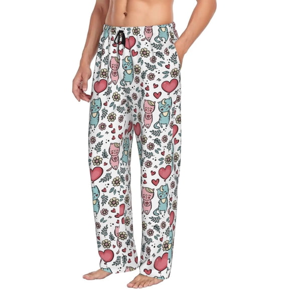 Mens Pajama Pants Bottoms with Pockets - Cute Cartoon Couple Cat Heart Comfy Mens Pj Pants, Soft Men Lounge Pants
