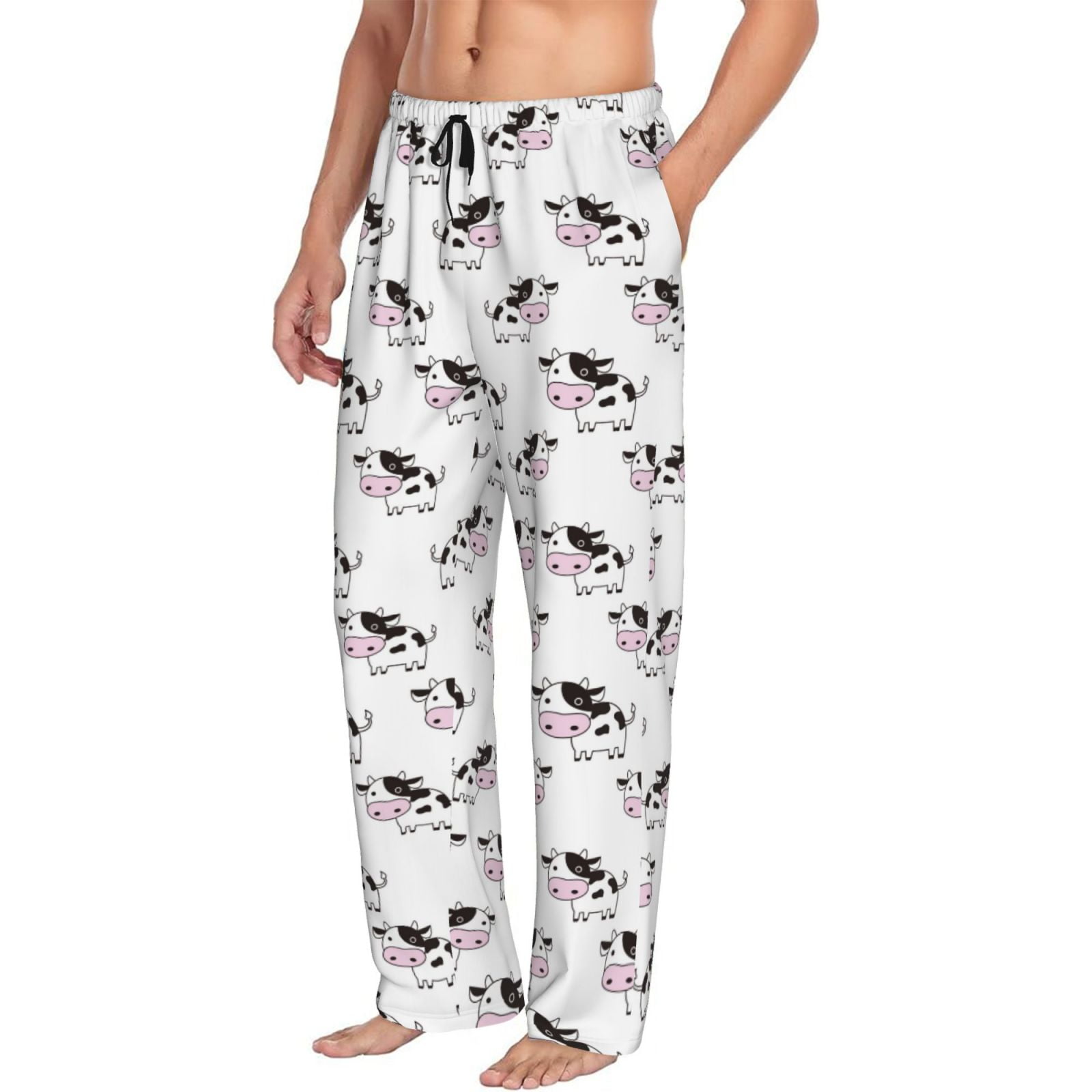 Mens Pajama Pants Bottoms with Pockets Cute Cartoon Cow Print White
