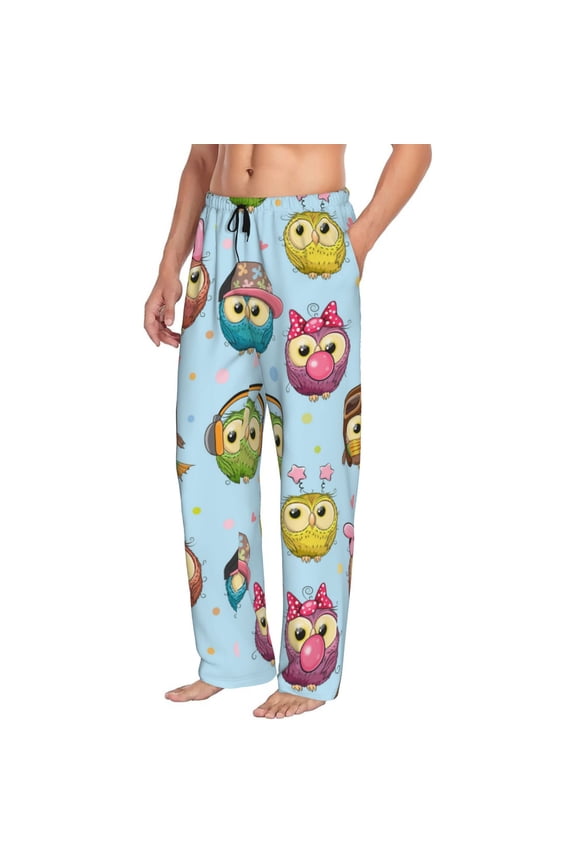 Mens Pajama Pants Bottoms with Pockets - Cute Cartoon Owls 3 Comfy Mens Pj Pants, Soft Men Lounge Pants