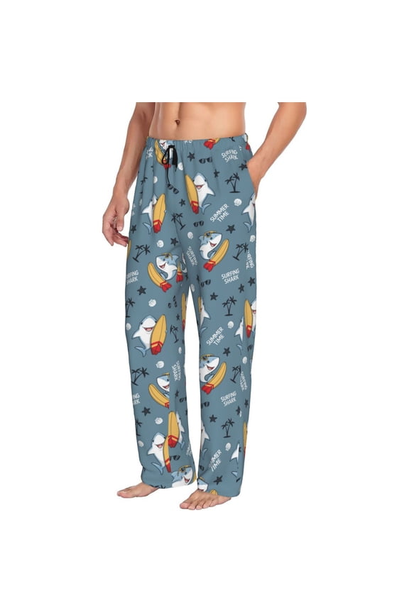 Mens Pajama Pants Bottoms with Pockets - Cute Cartoon Surfer Shark Comfy Mens Pj Pants, Soft Men Lounge Pants