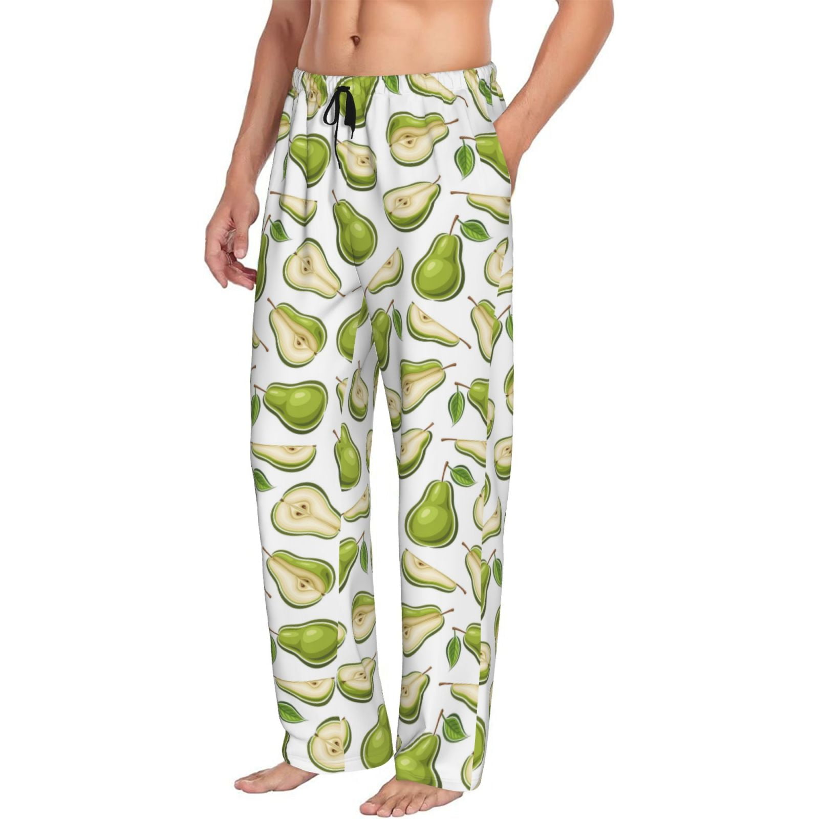 Mens Pajama Pants Bottoms with Pockets- Cute Green Pear Leaves Soft ...