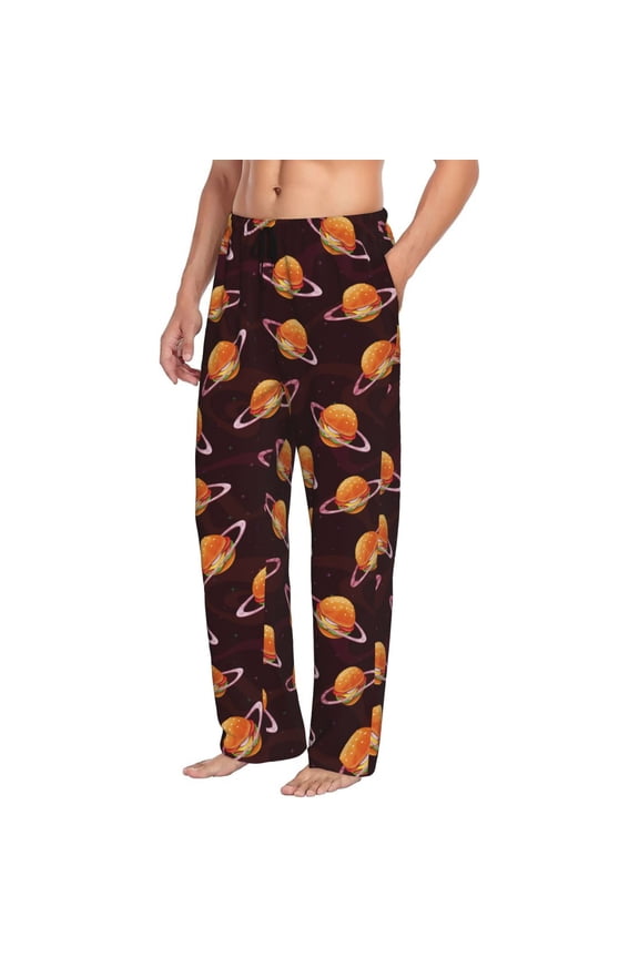 Mens Pajama Pants Bottoms with Pockets - Cute Hamburger Burger Planet Comfy Mens Pj Pants, Soft Men Lounge Pants