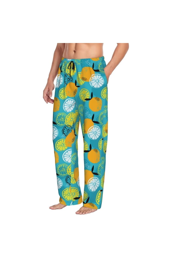 Mens Pajama Pants Bottoms with Pockets - Cute Orange Yellow Lemon Comfy Mens Pj Pants, Soft Men Lounge Pants