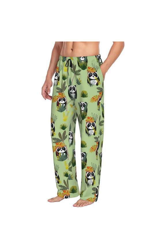 Mens Pajama Pants Bottoms with Pockets - Cute Panda Bear In Greenery Forest Comfy Mens Pj Pants, Soft Men Lounge Pants