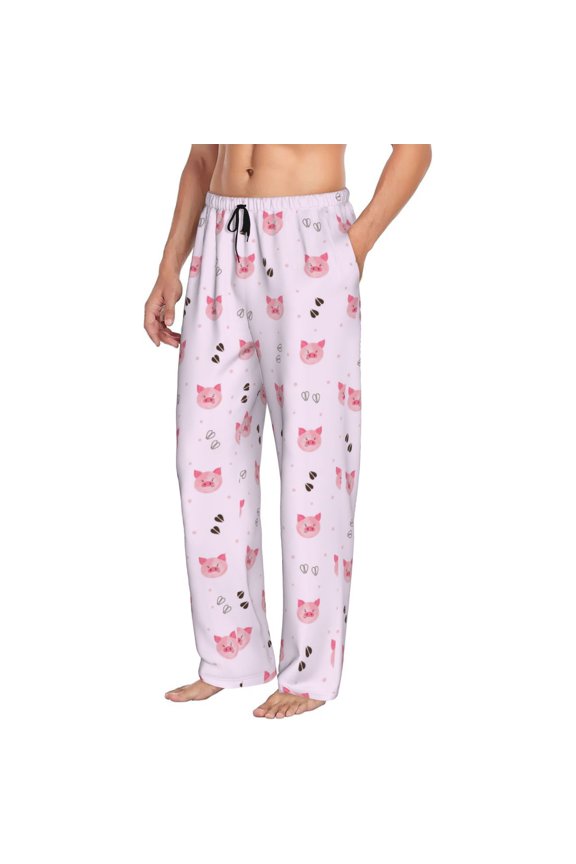 Mens Pajama Pants Bottoms with Pockets - Cute Pink Cartoon Pig Comfy Mens Pj Pants, Soft Men Lounge Pants
