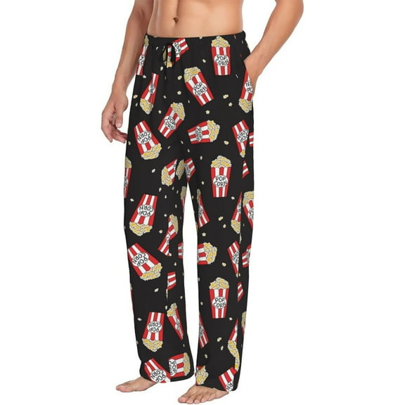 Mens Pajama Pants Bottoms with Pockets - Cute Popcorn Starry Sky Black Comfy Mens Pj Pants, Soft Men Lounge Pants