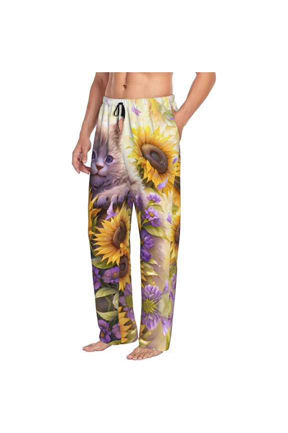 Mens Pajama Pants Bottoms with Pockets - Daisy Sunflower Lazy Cat Comfy Mens Pj Pants, Soft Men Lounge Pants
