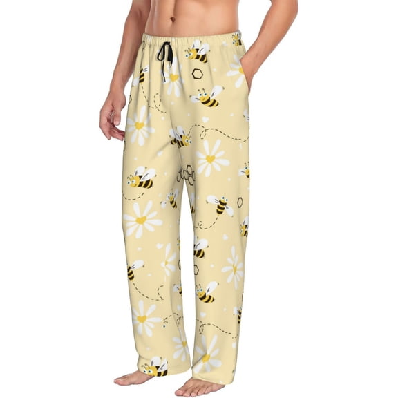 Mens Pajama Pants Bottoms with Pockets - Daisy bee yellow cute cartoon Comfy Mens Pj Pants, Soft Men Lounge Pants