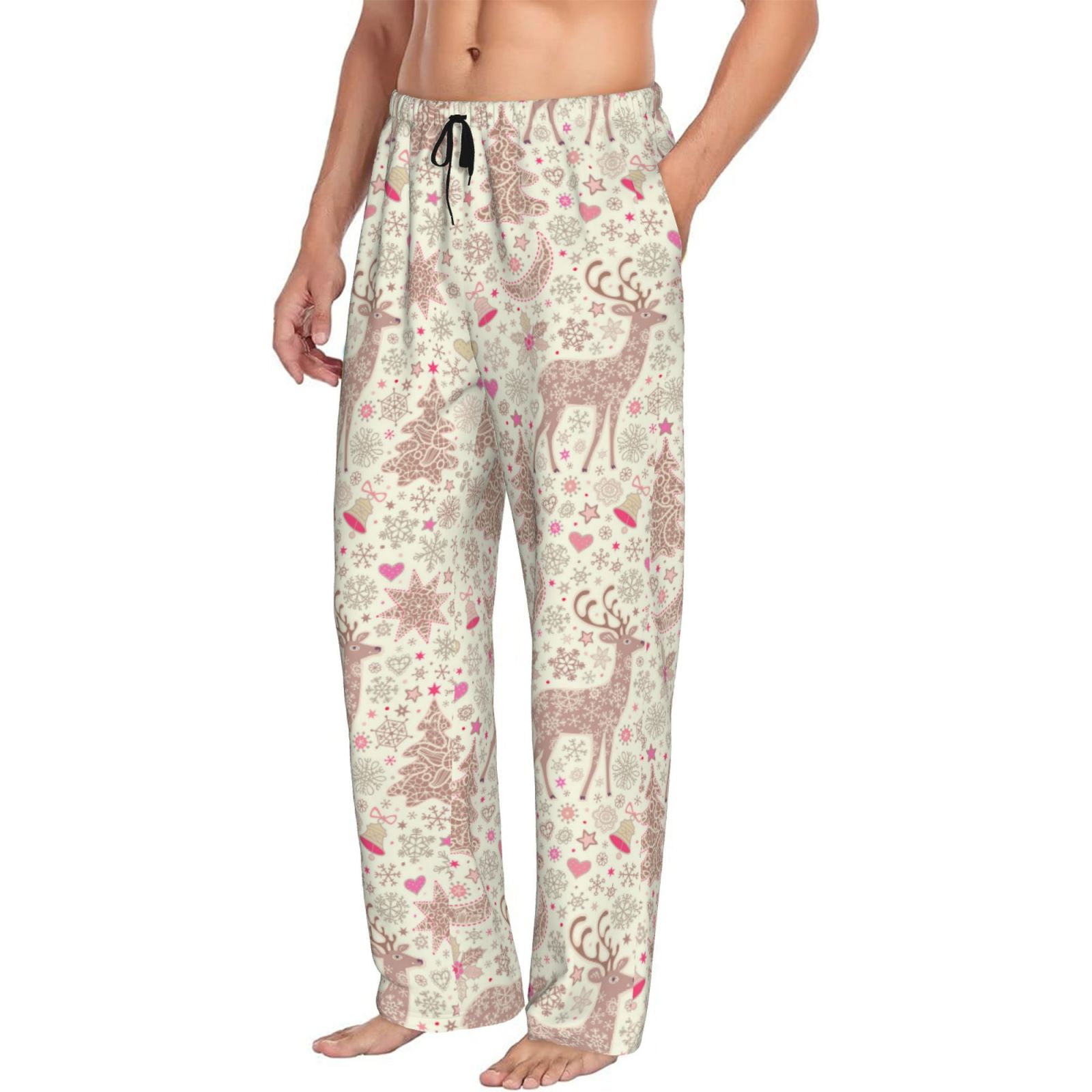 Mens Pajama Pants Bottoms with Pockets Deer Bells Moon Christmas Tree