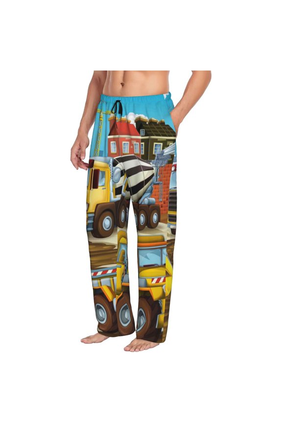 Mens Pajama Pants Bottoms with Pockets - Different Construction Site Vehicles Comfy Mens Pj Pants, Soft Men Lounge Pants