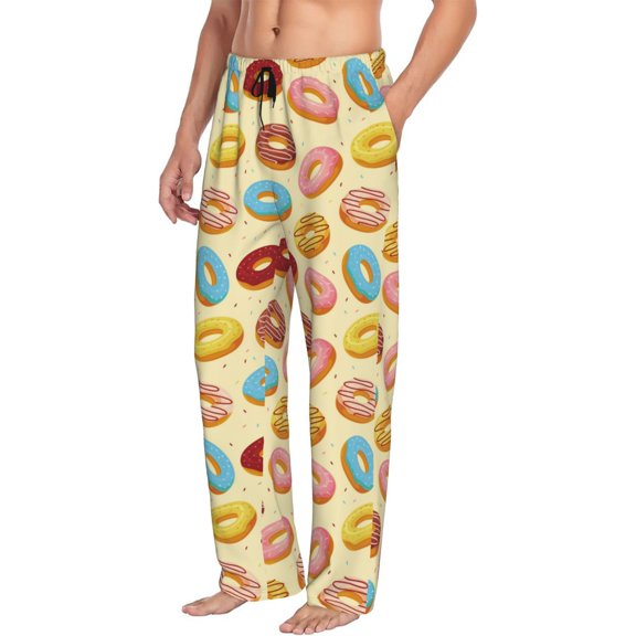 Mens Pajama Pants Bottoms with Pockets - Donut Print Light Yellow Comfy Mens Pj Pants, Soft Men Lounge Pants
