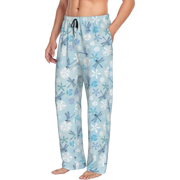Mens Pajama Pants Bottoms with Pockets - Dragonfly Flower Light Blue Comfy Mens Pj Pants, Soft Men Lounge Pants