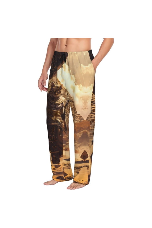 Mens Pajama Pants Bottoms with Pockets - Egyptian Cat Pharaoh Magic Comfy Mens Pj Pants, Soft Men Lounge Pants