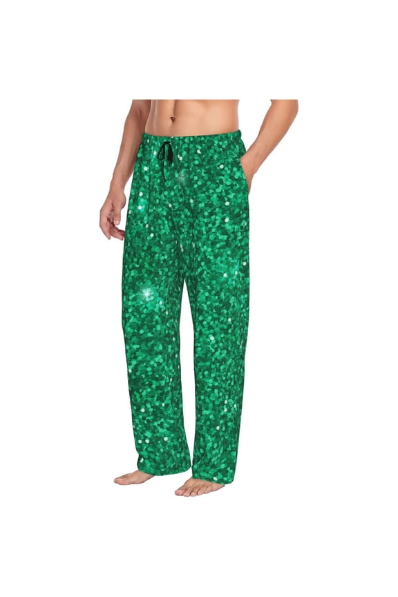 Mens Pajama Pants Bottoms with Pockets - Emerald Glitter Sparkles Comfy Mens Pj Pants, Soft Men Lounge Pants