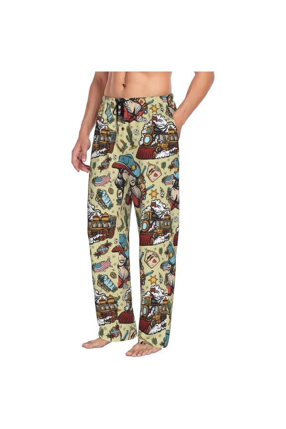 Mens Pajama Pants Bottoms with Pockets - Exotic Train Pattern Comfy Mens Pj Pants, Soft Men Lounge Pants