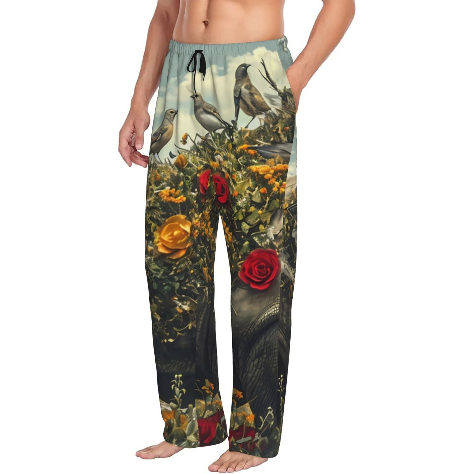 Mens Pajama Pants Bottoms with Pockets Floral Rhino With Birds Comfy