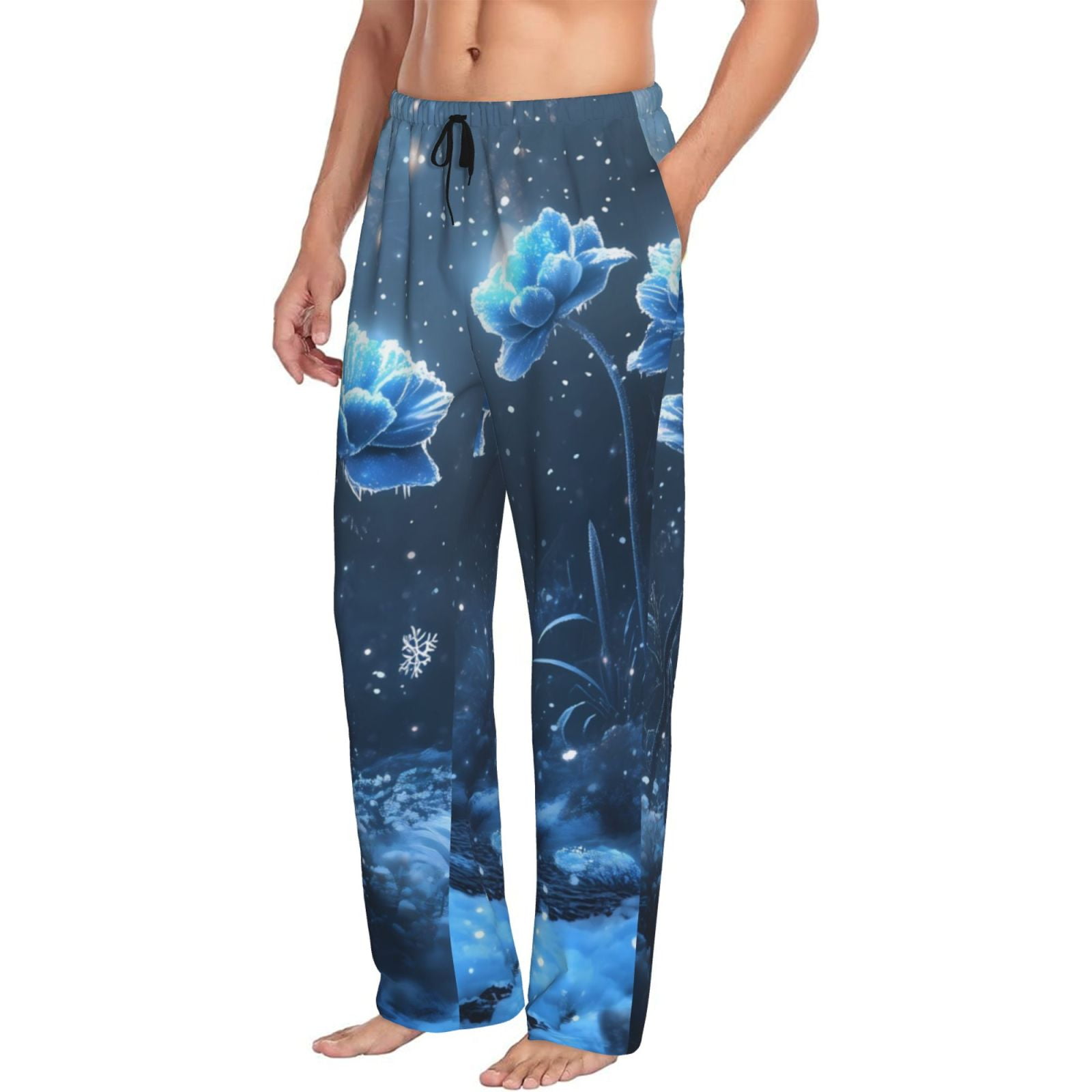 Mens Pajama Pants Bottoms with Pockets Frosted Midnight Blooms Comfy