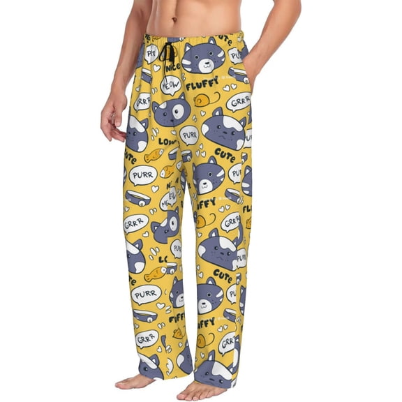 Mens Pajama Pants Bottoms with Pockets - Cute Cat Face Collar Fish Comfy Mens Pj Pants, Soft Men Lounge Pants