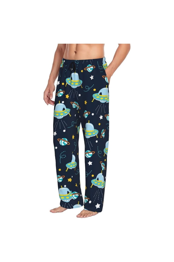 Mens Pajama Pants Bottoms with Pockets - Galaxy With Ufo Comfy Mens Pj Pants, Soft Men Lounge Pants