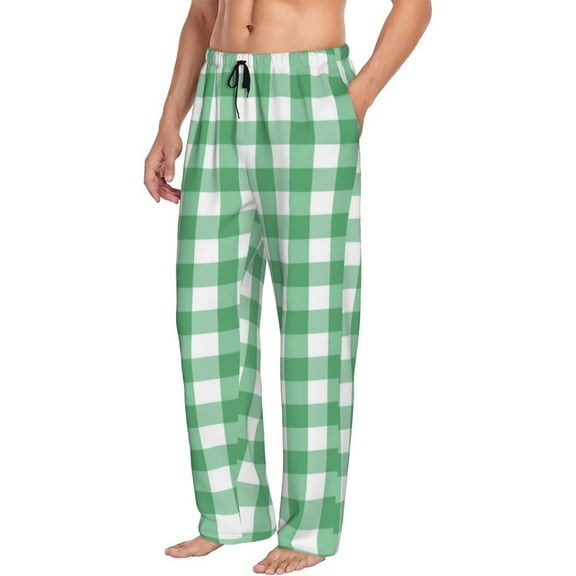 Mens Pajama Pants Bottoms with Pockets - Gingham White green plaids checkered Comfy Mens Pj Pants, Soft Men Lounge Pants