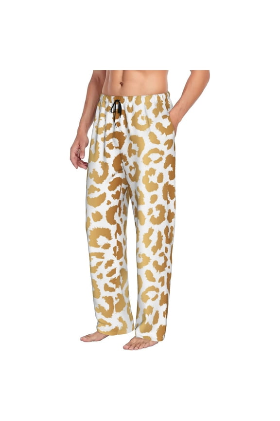 Mens Pajama Pants Bottoms with Pockets - Gold leopard fashion print Comfy Mens Pj Pants, Soft Men Lounge Pants