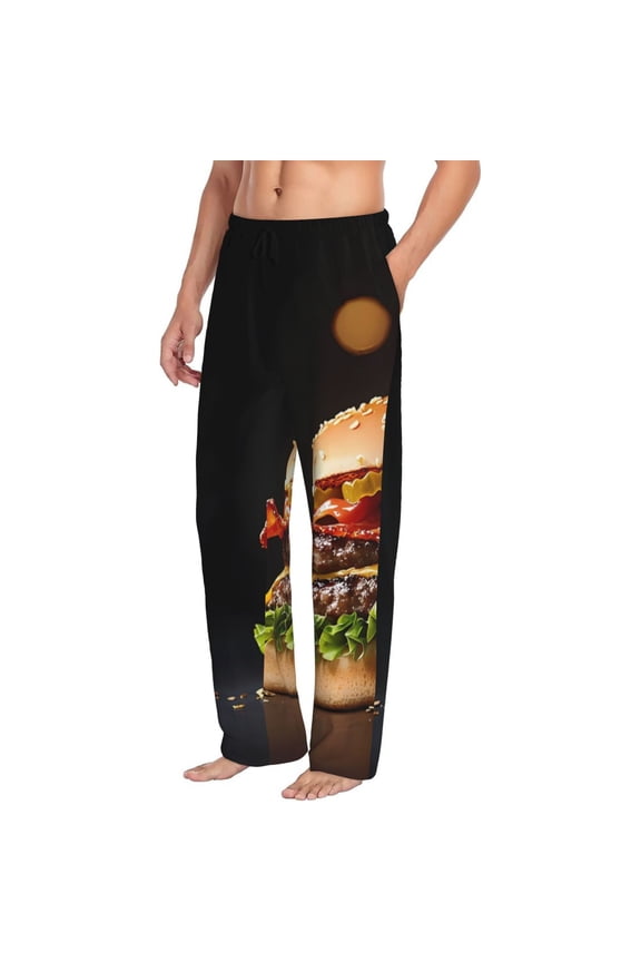 Mens Pajama Pants Bottoms with Pockets - Gourmet Bacon Cheeseburger Comfy Mens Pj Pants, Soft Men Lounge Pants