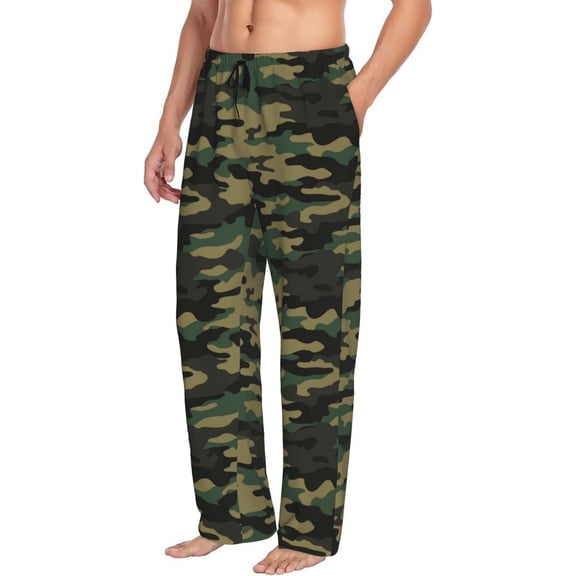 Mens Pajama Pants Bottoms with Pockets - Green Camo Classic Comfy Mens Pj Pants, Soft Men Lounge Pants