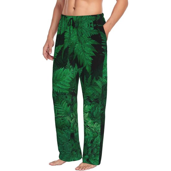 Mens Pajama Pants Bottoms with Pockets - Green Leave Fern Comfy Mens Pj Pants, Soft Men Lounge Pants