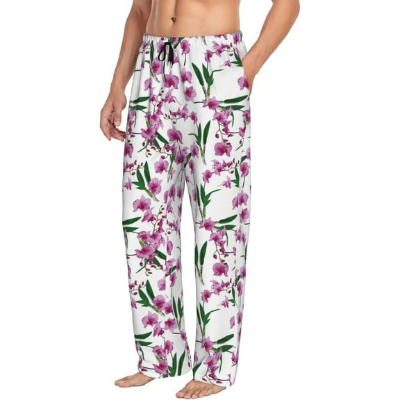Mens Pajama Pants Bottoms with Pockets - Green Leaves Orchids Flowers Comfy Mens Pj Pants, Soft Men Lounge Pants