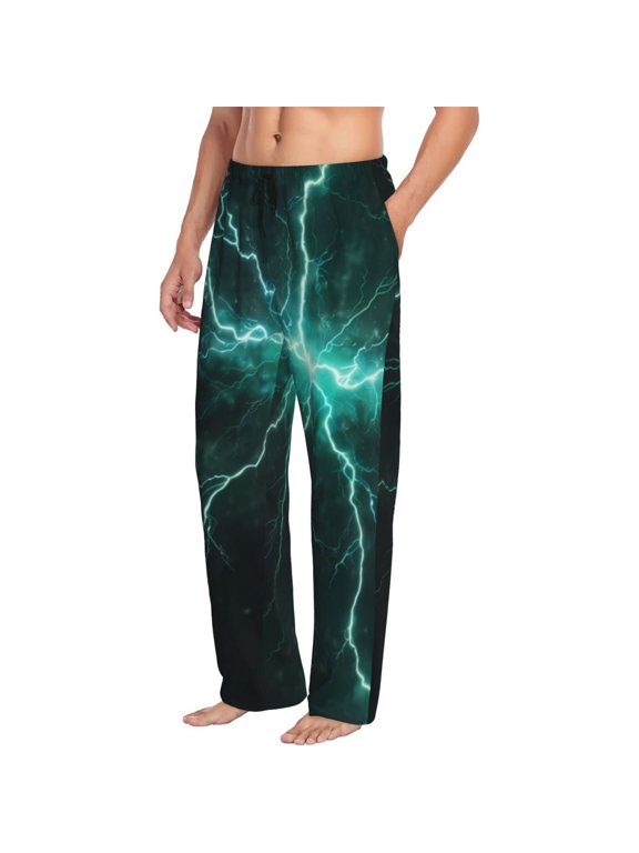 Mens Pajama Pants Bottoms with Pockets - Green Lightning Flash Comfy Mens Pj Pants, Soft Men Lounge Pants