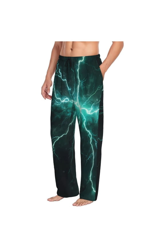 Mens Pajama Pants Bottoms with Pockets - Green Lightning Flash Comfy Mens Pj Pants, Soft Men Lounge Pants